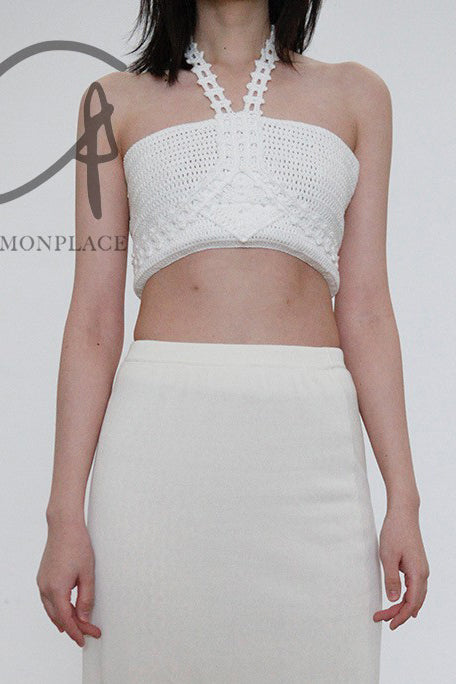 SWAYING/KNIT Crochet Halter Tube Top SW22SST59 White PS43